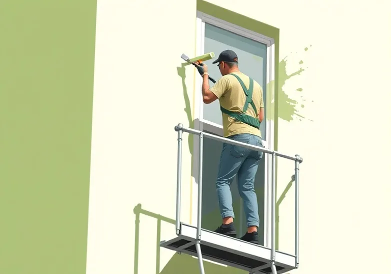 Peintre sur échafaudage traitant la façade d'une maison