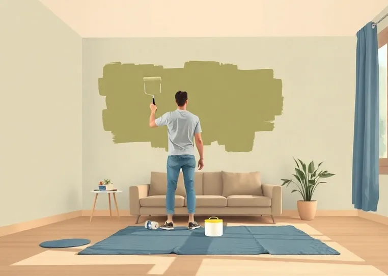 Peintre appliquant la peinture au rouleau sur un mur de salon